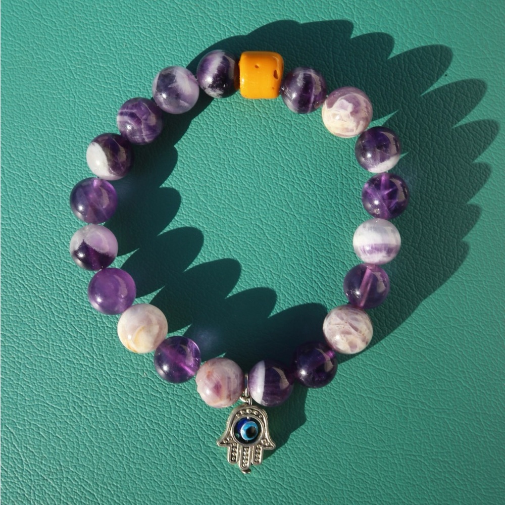Purple Amethyst Beaded Bracelet with Hamsa Charm